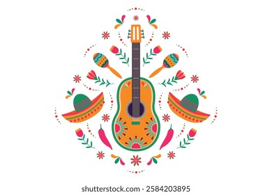 Cinco de Mayo banner with copy space. Holiday vector illustration with guitar, maracas, flowers, sambrero.