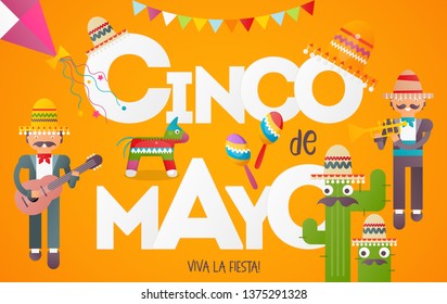Cinco de Mayo Banner. Cute Mexican Musicians with Guitar and Trumpet. 5th May Holiday Objects Set - Pinata, Sombrero, Funny Cactus and Decorations. Yellow Background. Vector Illustration.