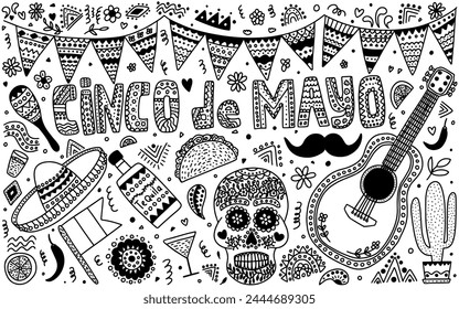 Cinco de Mayo Banner doodle set. Vector Mexico fiesta hand drawn elements set