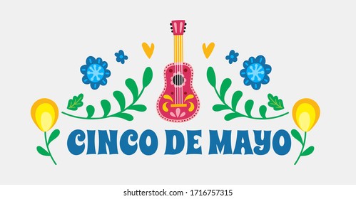 Cinco de Mayo. Banner with guitar and flowers in mexican style. Trendy stylish illustration for web