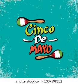 Cinco de Mayo banner with hand drawn calligraphy lettering. Mexican fiests holiday vector background. Cinco de Mayo calligraphic greeting card or poster on grunge azure background 