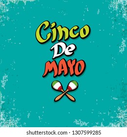 Cinco de Mayo banner with hand drawn calligraphy lettering. Mexican fiests holiday vector background. Cinco de Mayo calligraphic greeting card or poster on grunge azure background 