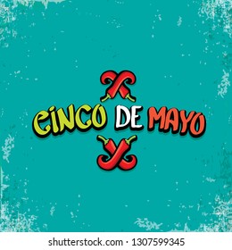 Cinco de Mayo banner with hand drawn calligraphy lettering. Mexican fiests holiday vector background. Cinco de Mayo calligraphic greeting card or poster on grunge azure background 