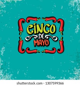 Cinco de Mayo banner with hand drawn calligraphy lettering. Mexican fiests holiday vector background. Cinco de Mayo calligraphic greeting card or poster on grunge azure background 