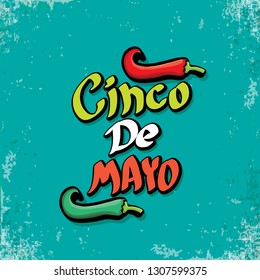 Cinco de Mayo banner with hand drawn calligraphy lettering. Mexican fiests holiday vector background. Cinco de Mayo calligraphic greeting card or poster on grunge azure background 