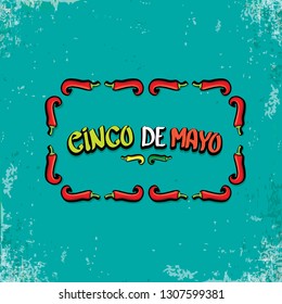 Cinco de Mayo banner with hand drawn calligraphy lettering. Mexican fiests holiday vector background. Cinco de Mayo calligraphic greeting card or poster on grunge azure background 