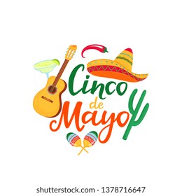 Cinco de Mayo banner. Hand drawn lettering. 5th of May. Festive mexican advertising poster. Sombrero, guitar, cactus, chili pepper, maracas, margarita cocktail.