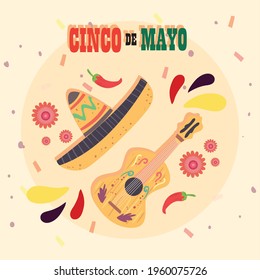 Cinco de mayo banner with hat and guitar