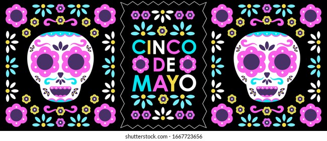 Cinco de mayo banner. The holiday in Mexico, 5 May. The illustration of colourful skeleton. -vector