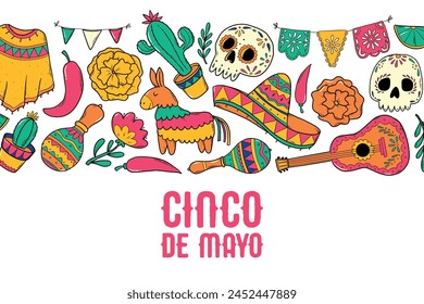 Cinco de mayo banner with lettering quote and border of doodles. Good for prints, invitations, cards, posters, flyers, templates, etc. EPS 10