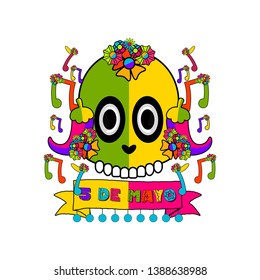 Cinco de mayo banner with a mexican skull and musical notes - Vector