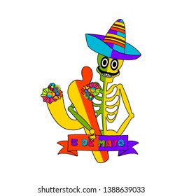 Cinco de mayo banner with a mexican skeleton and a cactus - Vector