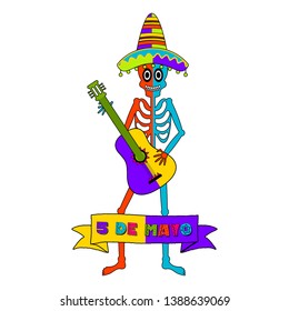 Cinco de mayo banner with a mexican skeleton playing the guitar - Vector