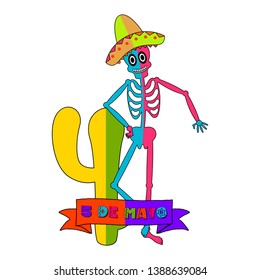 Cinco de mayo banner with a mexican skeleton and a cactus - Vector