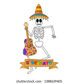 Cinco de mayo banner with a mexican skeleton and a guitar - Vector