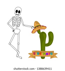 Cinco de mayo banner with a mexican skeleton and a cactus - Vector
