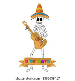 Cinco de mayo banner with a mexican skeleton playing the guitar - Vector