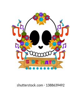 Cinco de mayo banner with a mexican skull and musical notes - Vector