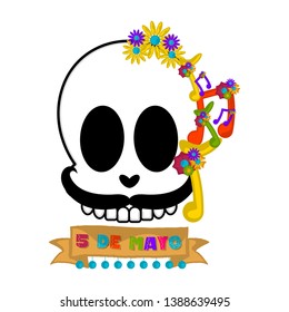 Cinco de mayo banner with a mexican skull and musical notes - Vector