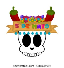 Cinco de mayo banner with a mexican skull and pepers - Vector