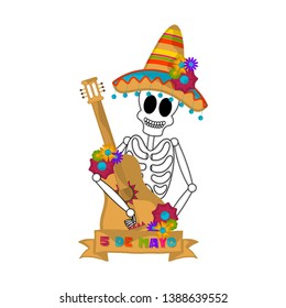 Cinco de mayo banner with a mexican skeleton and a guitar - Vector