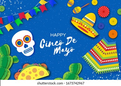 Cinco De Mayo Banner. Mexican skull and Tacos. Succlents and Maracas. Poncho and flags. Blue background. Space for text.