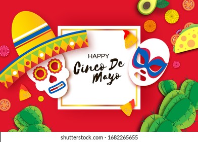 Cinco De Mayo Banner. Mexican skull with sombrero hat and luchador mask in paper cut style. Nachos, Tacos. Fan. Red background. Square frame. Space for text.