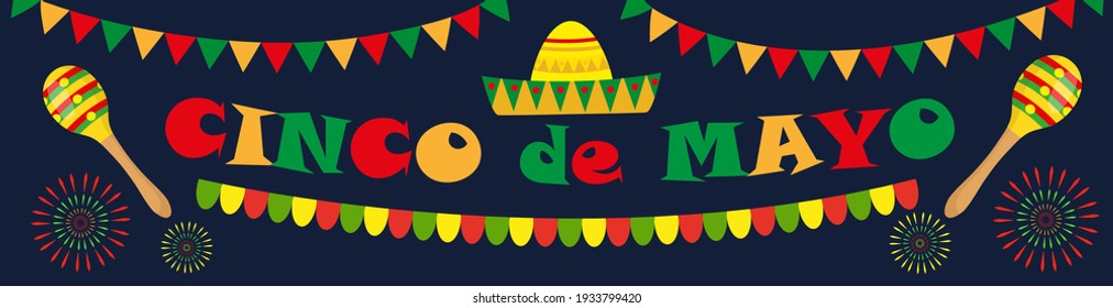 Cinco de Mayo banner. Mexican template for your design with sambrero, maracas. Inscription in English Cinco de Mayo.Vector illustration