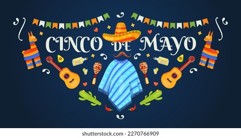 Cinco de mayo banner. Mexican fiesta background design mexico folk holiday or birthday party frame, margarita guitar pinata hat maracas tequila vector illustration of greeting traditional festive