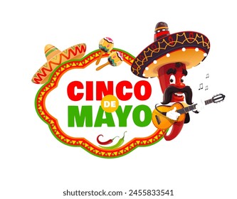 Cinco De Mayo banner, Mexican chili pepper mariachi character in sombrero, cartoon vector. Mexican holiday Cinco De Mayo greeting, chili pepper with mustaches playing guitar with maracas for fiesta