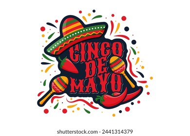 Cinco de Mayo banner with Mexico symbols, red pepper, sombrero and maracas. Illustration, poster, vector