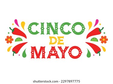 Cinco de Mayo banner on white background. Mexican fiesta and traditional holiday poster - jalapeno, lime, flowers. Original typography inscription Cinco de Mayo. Vector illustration, isolated