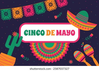 Cinco de Mayo - banner with paper flags, fans, flowers, maracas, cacti and sombreros. Bright festive illustration for the Cinco de Mayo holiday.