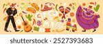 Cinco de mayo banner. People in traditional Mexican costumes, dress dancing at the party. Festive event, carnival in Mexico. Latino culture elements: maracas, pinata, cactus. Flat vector illustration