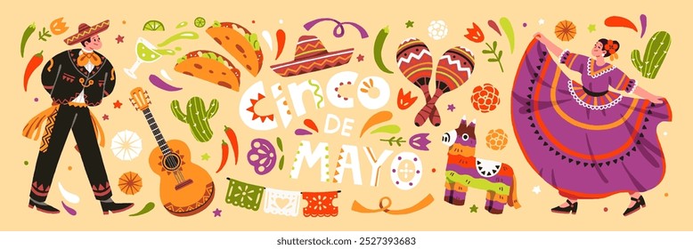 Banner do Cinco de maio. Pessoas usando trajes tradicionais mexicanos, dançando vestidos na festa. Evento festivo, carnaval no México. Elementos da cultura latina: maracas, pinata, cactos. Ilustração de vetor plano