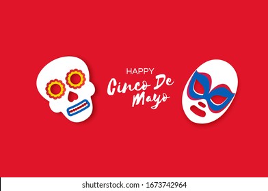 Cinco De Mayo Banner with skull and luchador mask in paper cut style. Red background. Space for text.