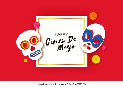 Cinco De Mayo Banner with skull and luchador mask in paper cut style. Fan. Red background. Square frame. Space for text.