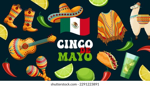 Cinco de mayo banner with symbols of Mexico, Mexico flag, maracas, sambrero, chili, poncho, lemon, llama, cowboy boots and guitar on dark background. Poster, holiday background, vector