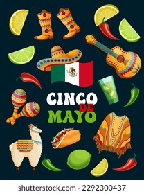 Cinco de mayo banner with symbols of Mexico, Mexico flag, maracas, sambrero, chili, poncho, lemon, llama, cowboy boots and guitar on dark background. Poster, holiday background, vector