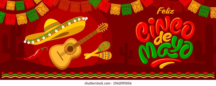 Cinco de Mayo banner template for mexico independence celebration with traditional papercut flags and other symbols of holiday. Lettering calligraphy inscription Cinco de Mayo. Vector illustration. 