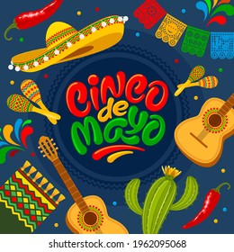 Cinco de Mayo banner template for mexico independence celebration with traditional papercut flags and other symbols of holiday. Lettering calligraphy inscription Cinco de Mayo. Vector illustration. 