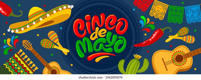 Cinco de Mayo banner template for mexico independence celebration with traditional papercut flags and other symbols of holiday. Lettering calligraphy inscription Cinco de Mayo. Vector illustration. 