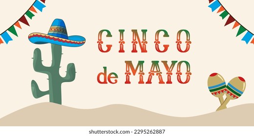 Cinco de Mayo banner template for mexico independence celebration with flags, flowers, decorations- May 5, federal holiday in Mexico. Fiesta banner and poster design.