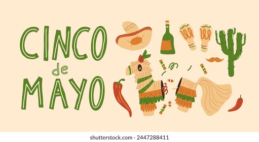 Cinco de Mayo banner template. Hand drawn lettering text and elements. Mexican holiday event greeting card. Vector flat hand drawn illustration.