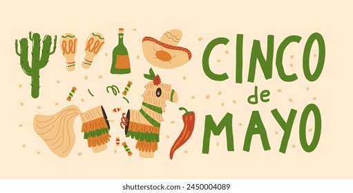 Cinco de Mayo banner template. Hand drawn lettering text and elements. Mexican festivals and culture traditions. Vector flat illustration.