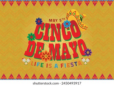 Cinco de Mayo banner template for mexico independence celebration with traditional paper cut flags and flower petals, sombrero, maracas. Lettering calligraphy inscription Cinco de Mayo.