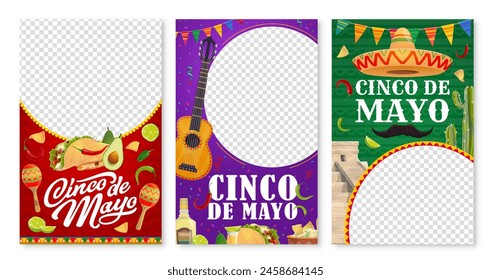 Cinco de mayo banner templates. Vector Mexican holiday social media story frames with sombrero, maracas, guitar and pyramid, tex mex food tacos, jalapeno peppers, tequila, mustaches and flag garland