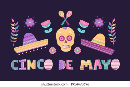 Cinco de Mayo banner with traditional Mexican symbols of holiday skull, sombrero, maraca and colourful flowers. Hand written typography in flat cartoon style, isolated on blue or purple background