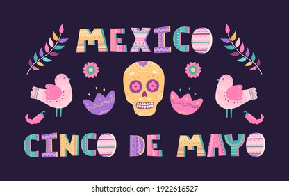 Cinco de Mayo banner with traditional Mexican symbols of holiday skull, birds, red pepper and colourful flowers. Hand drawn greeting card template in flat cartoon style, isolated on blue background