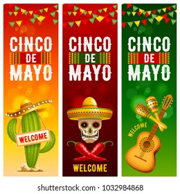 Cinco de Mayo banners set with skull and cactus in sombrero, red peppers jalapeno and with maracas and guitar - symbols of holiday. Vector illustration. 